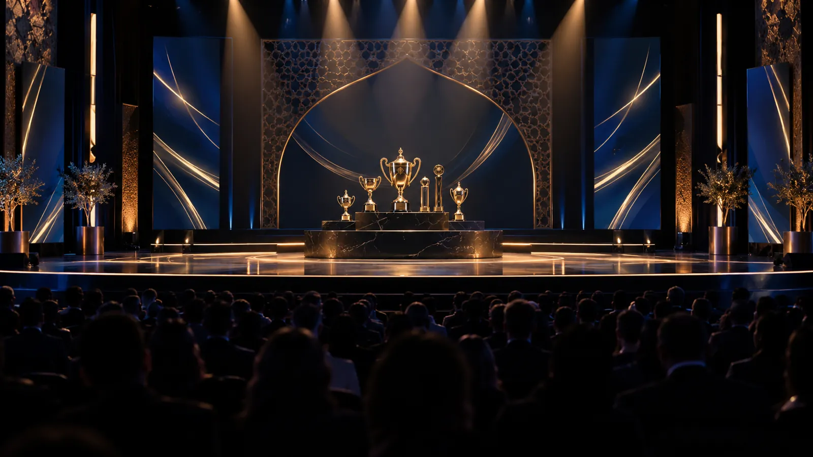 Scène de remise de trophées avec coupes dorées sur un podium devant le public