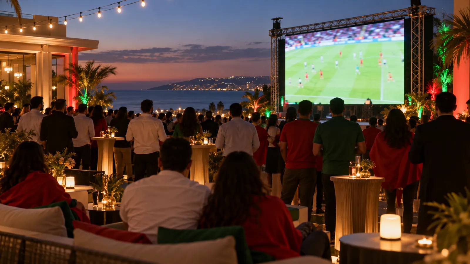 Fan zone en soirée sur une terrasse d’hôtel face à la mer, avec un grand écran LED diffusant un match