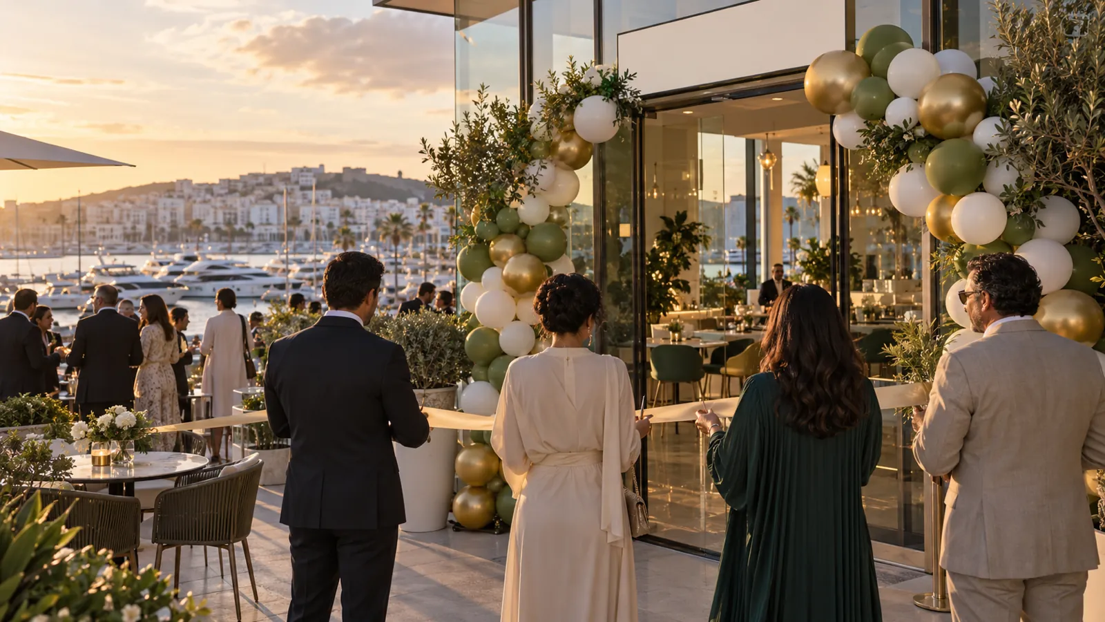 Coupure de ruban devant un café en bord de marina, avec arche de ballons blancs, dorés et verts