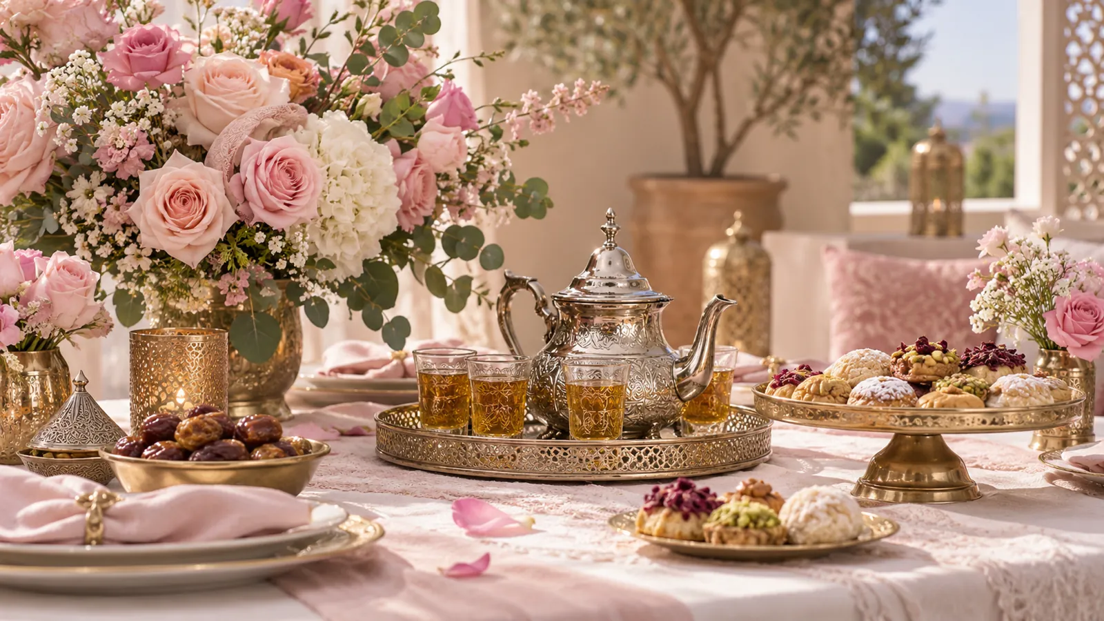 Table de réception aux roses pastel avec théière, verres à thé et pâtisseries marocaines