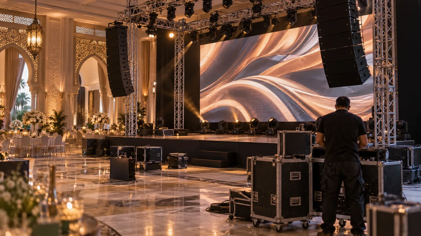 Montage d’une scène avec structure truss, enceintes line array, projecteurs, écran LED et flight cases