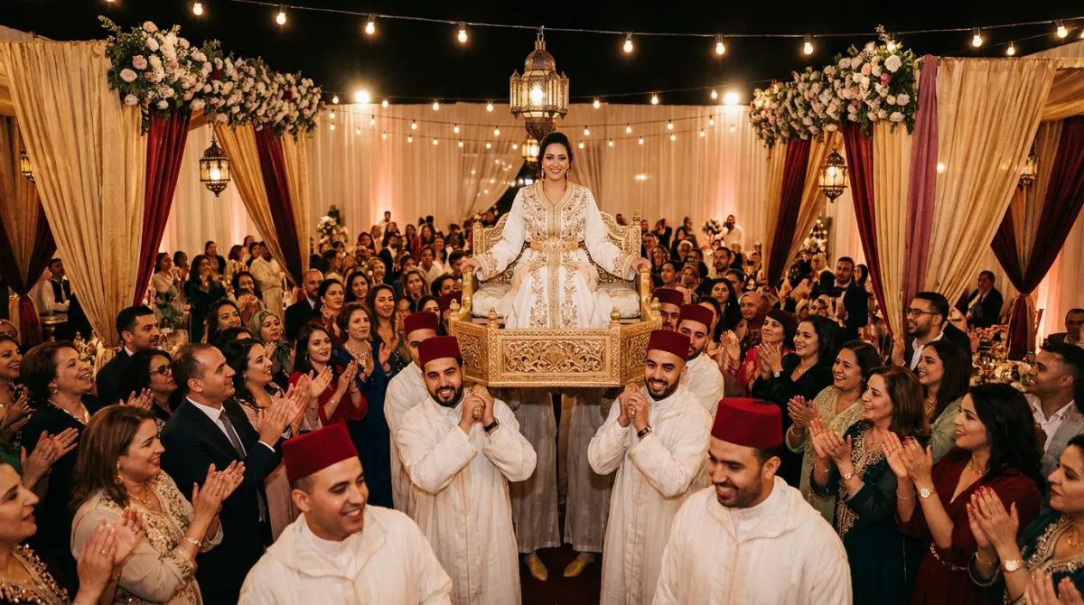Illustration : mariée portée sur l’amariya par des porteurs en djellaba blanche, invités qui applaudissent
