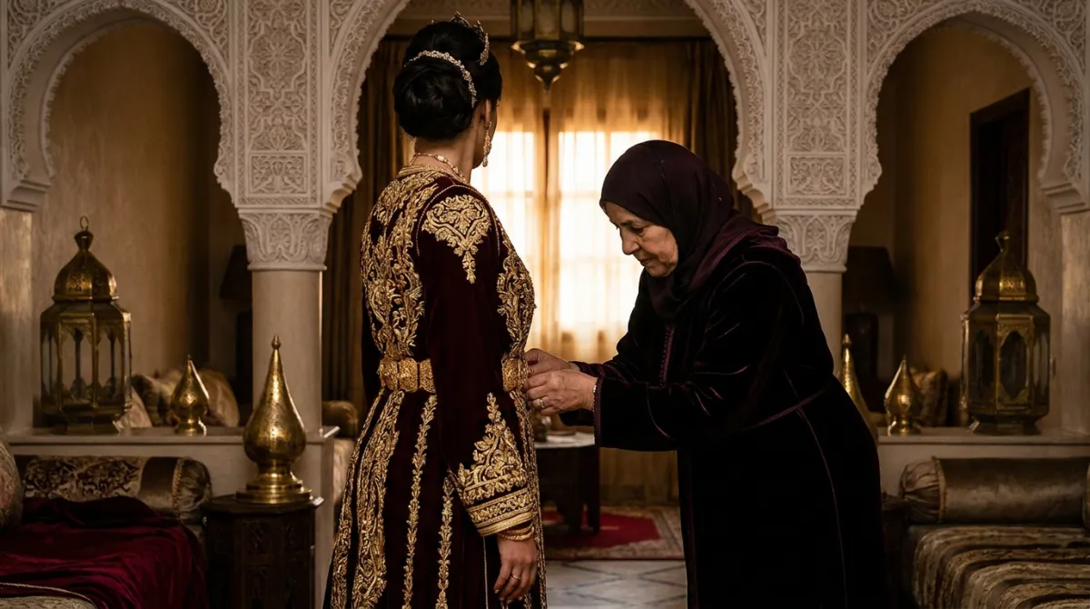 Illustration : une négafa ajuste la ceinture d’une mariée en caftan brodé dans un salon marocain