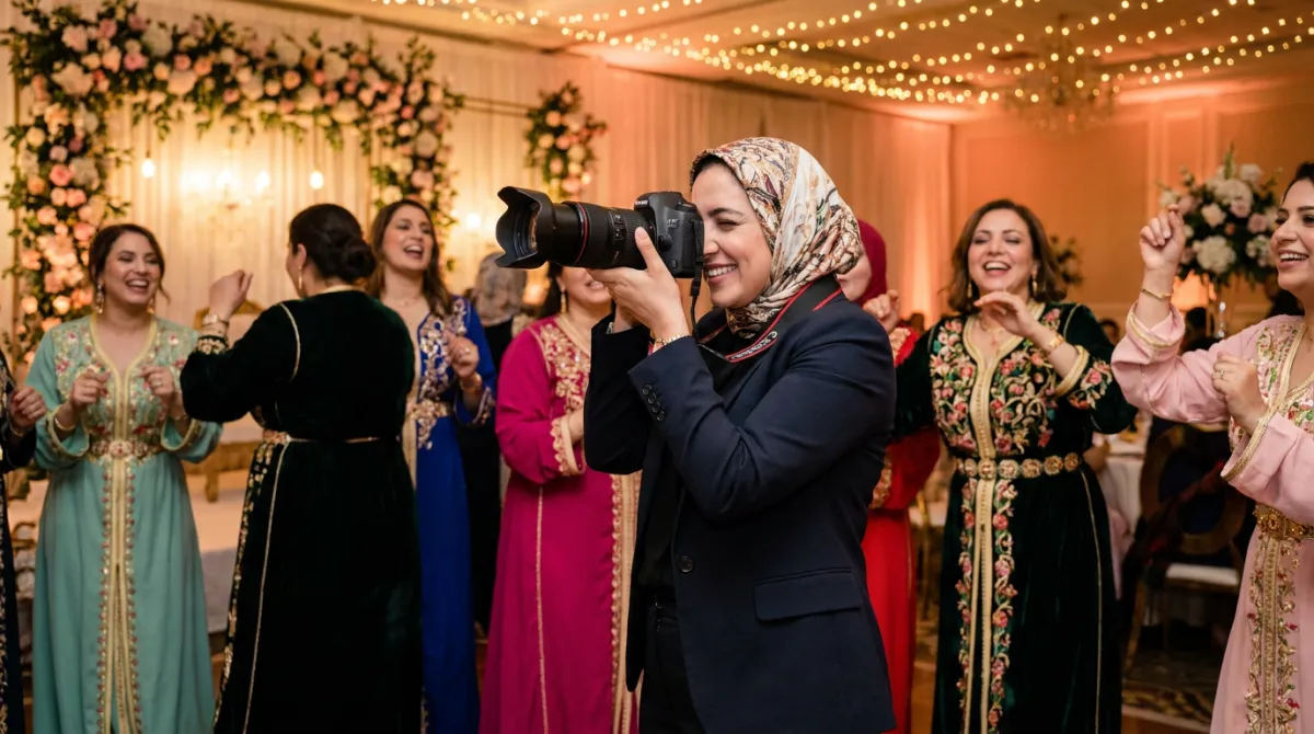 Illustration : photographe femme professionnelle lors d’une fête de mariage entre femmes