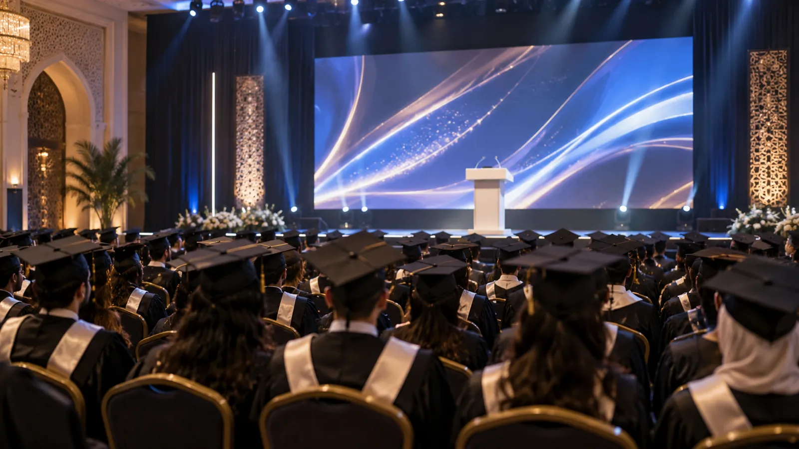 Cérémonie de remise de diplômes : diplômés en toge face à une scène avec grand écran LED et pupitre
