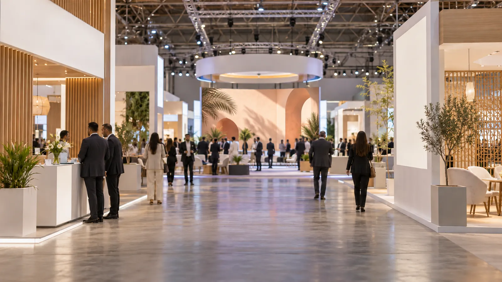 Allée d’un salon professionnel avec stands modulaires, visiteurs et espace central décoré