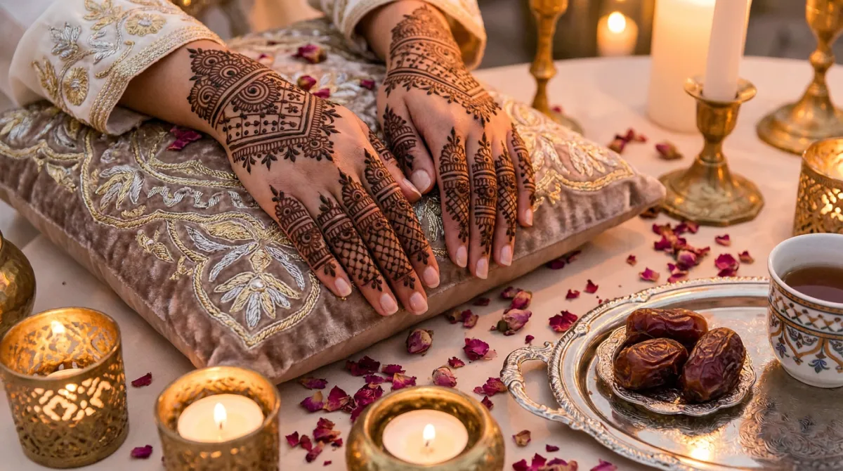 Illustration : mains de mariée décorées de henné sur un coussin brodé, bougies et dattes