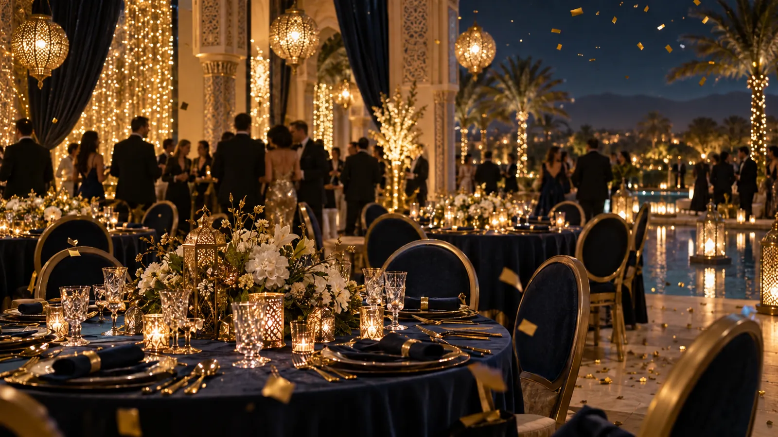 Salle de réveillon avec tables bleu nuit et or, lanternes, rideaux de lumières et confettis dorés